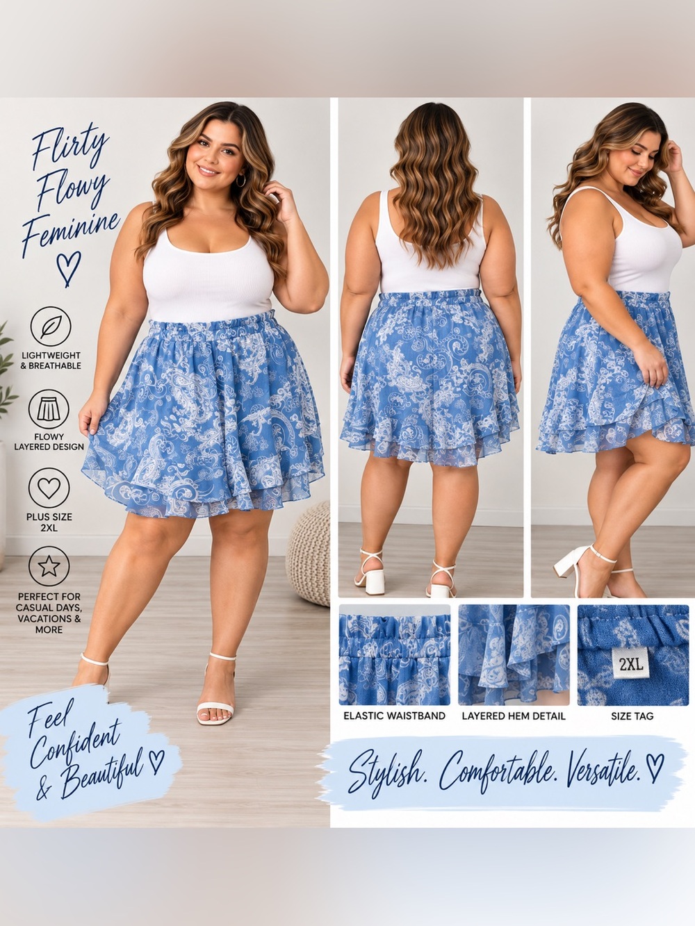 Plus Size Blue Paisley Layered Skater Skirt